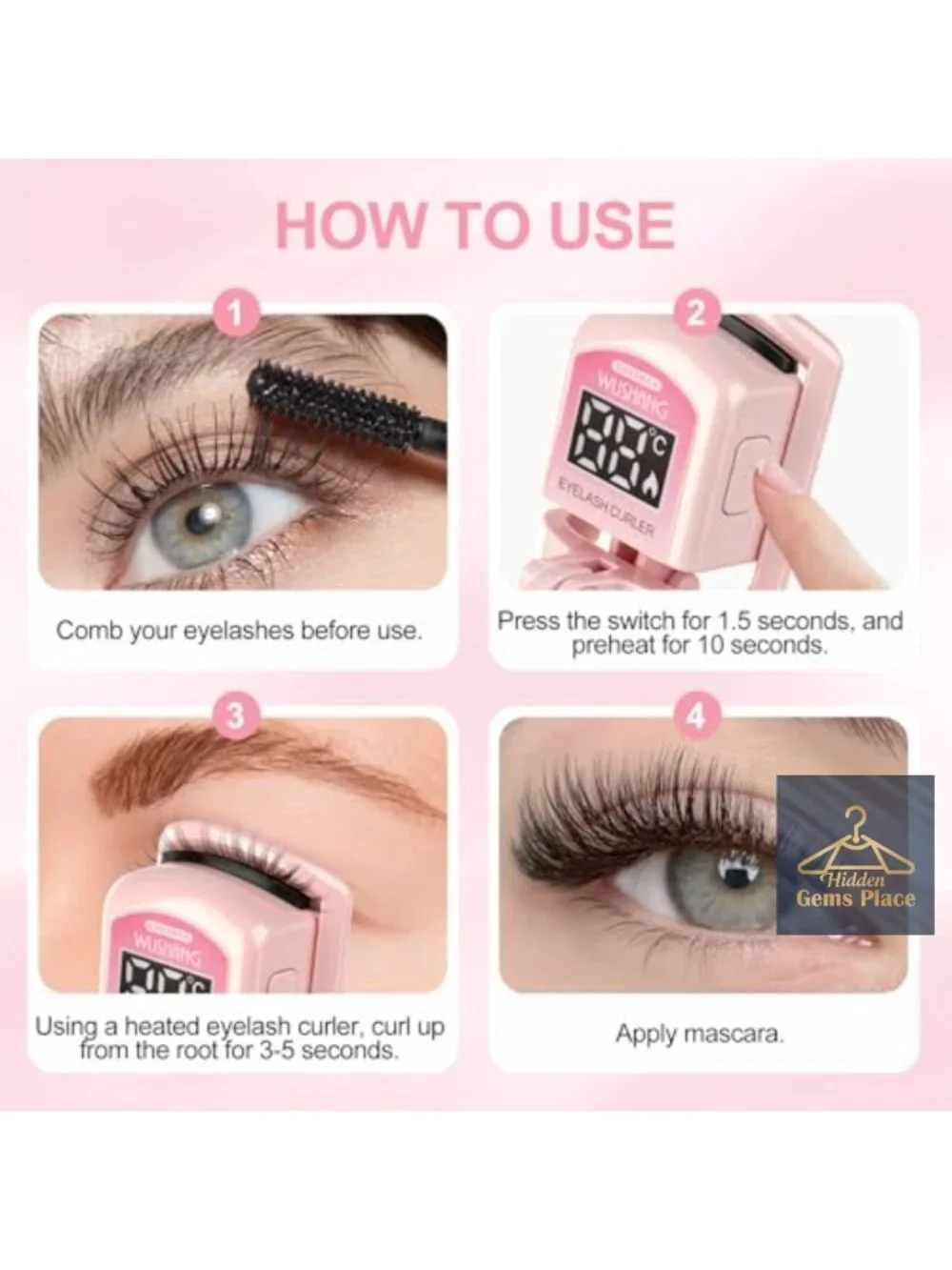 Heated Eyelash Curler with LED Temperature Display, USB Charging, Rapid